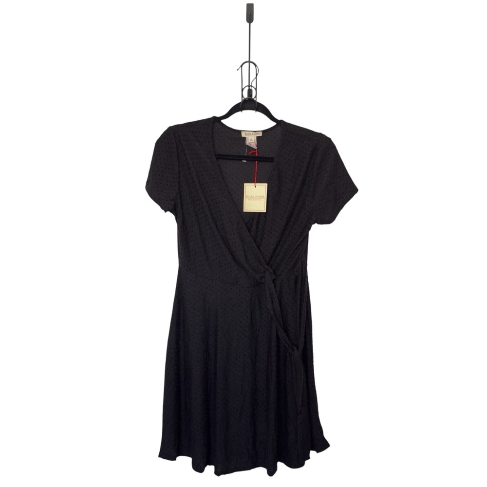 Rolla Coster Large V Neck Black Faux Wrap Swiss Dot Textured Mini Dress‎ Party